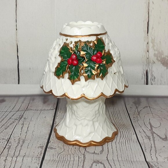 Poinsettia Christmas Tea Light Candle Holder 2pc Gold Red Green Ceramic 7" - Picture 1 of 11